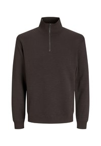Sudadera de color marrón oscuro con un alto cuello y media cremallera. Fabricada en tejido suave, con puños y dobladillo acanalados.