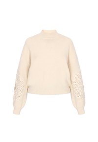 Kremowy wełniany sweter z wysokim kołnierzem, skróconym fasonem oraz haftowanymi wzorami kwiatowymi na rękawach ozdobionymi małymi koralikami.