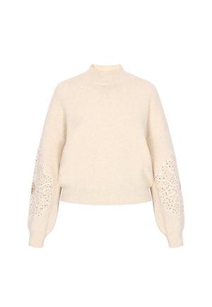 Cremfarbener Wollpullover mit hohem Kragen, cropped Design und bestickten Blumenmustern an den Ärmeln, verziert mit kleinen Perlen.