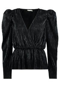 Svart plisserad blus med V-ringning, voluminösa ärmar och rynkad midja. Tillverkad av glänsande, strukturerat tyg med vertikala linjer. Storlek 36.