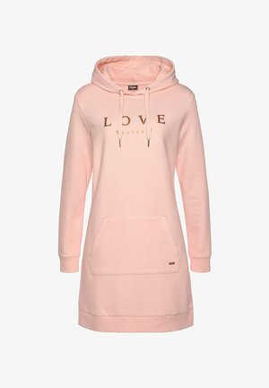 Rosa Kapuzenkleid aus weichem Stoff, mit einer Fronttasche, Kordelzugkapuze und goldenen Buchstaben "LOVE yourself" auf der Brust.