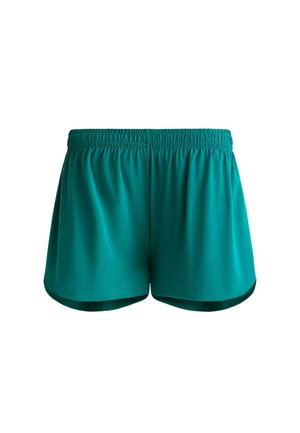 Tyrkysové sportovní šortky s elastickým pasem, hladkým povrchem a zakřiveným lemem, navržené pro pohodlí a flexibilitu během fyzické aktivity.