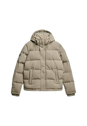 Beżowa kurtka puchowa z kapturem, zapinana na zatrzaski, z pikowanym wzorem i dwoma bocznymi kieszeniami. Miękka, wodoodporna tkanina.