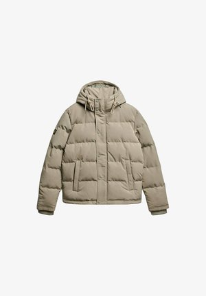 Beżowa kurtka puchowa z kapturem, zapinana na zatrzaski, z pikowanym wzorem i dwoma bocznymi kieszeniami. Miękka, wodoodporna tkanina.