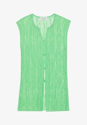 Grønn, ermeløs cardigan med et strukturert mønster, som har rund hals og knappelukkinger foran. Lett stoff.