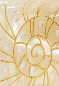 Transluzente Schalentextur mit goldenen Akzenten, die mit Wirbelmustern und erhabenen Punkten verziert ist, hauptsächlich in Cremetönen, mit glatter, glänzender Oberfläche.