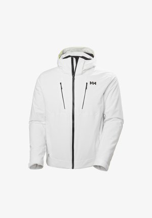 Giacca impermeabile bianca con zip frontale, cappuccio regolabile, tasche con zip nere e logo sulla parte superiore sinistra del petto. Texture liscia.