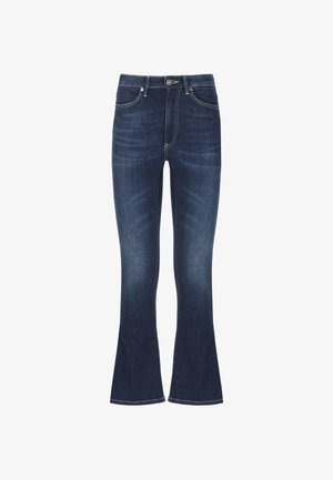 Jeans in denim blu a gamba larga con vita media, dotati di cinque tasche, cuciture a contrasto e una leggera texture sbiadita sulle gambe.