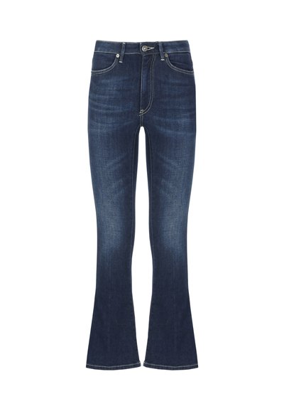 Jeans in denim blu a gamba larga con vita media, dotati di cinque tasche, cuciture a contrasto e una leggera texture sbiadita sulle gambe.