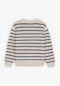 Beige Pullover mit dunkelblauen horizontalen Streifen, Rundhalsausschnitt, langen Ärmeln und gerippten Bündchen und Saum. Stricktextur, mittlere Dicke.