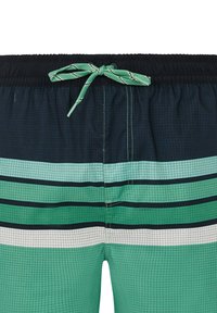 Zwemshorts met een patroon van donkere en lichte groene strepen. Verstelbare elastische tailleband met een zwarte trekkoord voor een veilige pasvorm.