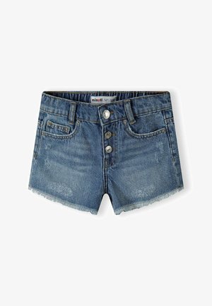 Denimshorts in een vervaagd blauwe kleur, met een rafelige zoom, vijf-pocket ontwerp en een sluiting met drie knopen aan de voorkant. Merkenlabel zichtbaar aan de binnenkant.