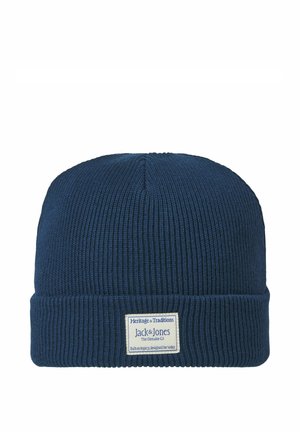 Gorro de punto acanalado azul marino, con vuelta doblada y etiqueta de Jack & Jones.