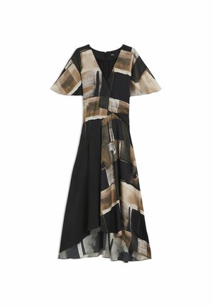 Robe noire à manches courtes, ornée d'un mélange de motifs abstraits beiges et marron, avec un décolleté en V et un design d'ourlet asymétrique.