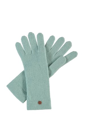 Turquoise knitted gloves with five fingers, featuring a ribbed cuff and a small brown logo on the wrist area. Soft texture and seamless design.