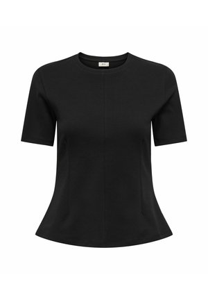 Haut noir à manches courtes en tissu doux avec un col arrondi, présentant un ourlet légèrement évasé et des coutures verticales pour un look structuré.