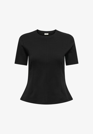 Haut noir à manches courtes en tissu doux avec un col arrondi, présentant un ourlet légèrement évasé et des coutures verticales pour un look structuré.