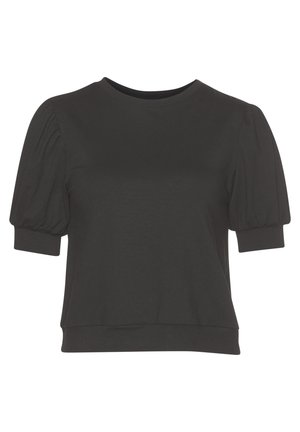 Czarny t-shirt z krótkim rękawem, okrągłym dekoltem i bufkami na rękawach. Wykonany z miękkiego materiału, ze dopasowanym dołem i gładką fakturą.