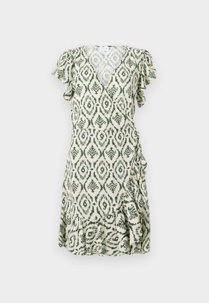 Green and white patterned dress with short flutter sleeves, V-neck, wrap design, and flounce hem. Lightweight fabric with a textured finish.