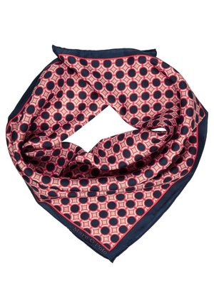 Jedwabny szalik w granatowym kolorze, z geometrycznym wzorem czerwonych i różowych kół na kremowym tle, wykończony jednolitym granatowym obramowaniem.