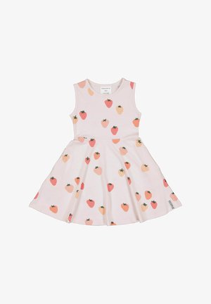 Hihaton vaaleanpunainen taaperoiden mekko kellohameella, koristeltu punaisilla ja persikanvärisillä mansikkaprinteillä ja pyöreällä pääntiellä.