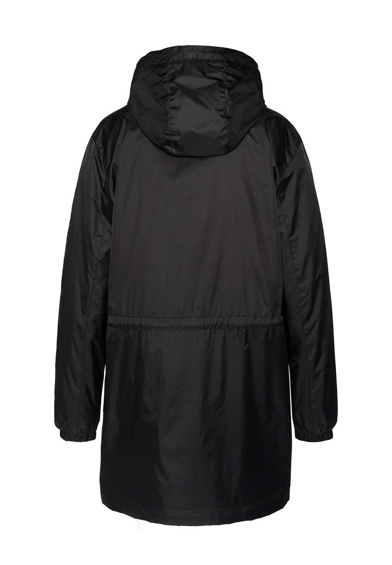 Veste noire imperméable avec une capuche à cordon de serrage, des poignets élastiques et une taille cintrée. Texture lisse et coupe décontractée, idéale pour le superposition.