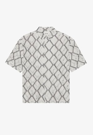 Short-sleeve shirt in white and black, featuring a diamond-patterned design, button closure, and a turn-down collar, made from lightweight fabric.