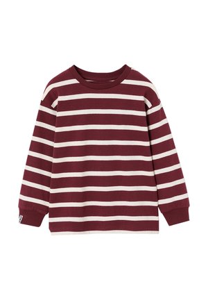 Long-sleeve shirt with maroon and white horizontal stripes and ribbed cuffs, displayed against a white background.