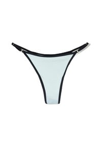 Ljusblå genomskinlig stringtrosa med svart kant, med en slät yta, minimal täckning och justerbara sidor för en säker passform.