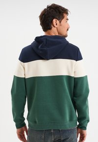 Uomo di spalle che indossa un hoodie tricolore con cappuccio blu navy, striscia centrale beige e sezione inferiore verde, abbinato a jeans blu.