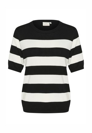 Svart-hvitt stripet kortermet genser med rund hals. Myk tekstur, litt løs passform, og ribbestrikkede mansjetter.