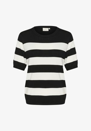 Melnas un baltas svītras ar īsām piedurknēm džemperis ar apaļu kakla izgriezumu. Mīksta tekstūra, nedaudz brīvs piegriezums un riboti aproces gali.