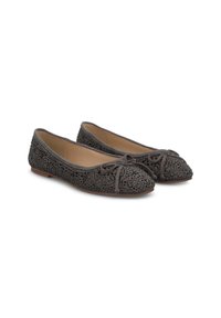 Ballerine grigie con superficie texture, decorate con strass, punta rotonda e un delicato fiocco decorativo sul davanti.