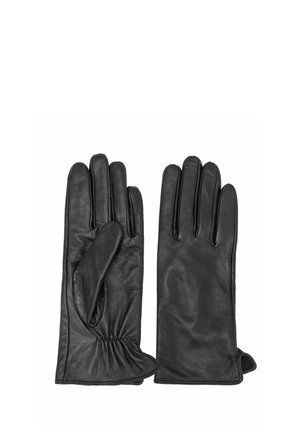 Czarne rękawiczki ze skóry o gładkiej fakturze, prostych palcach i marszczonym mankiecie dla lepszego dopasowania. Odpowiednie na zimną pogodę.