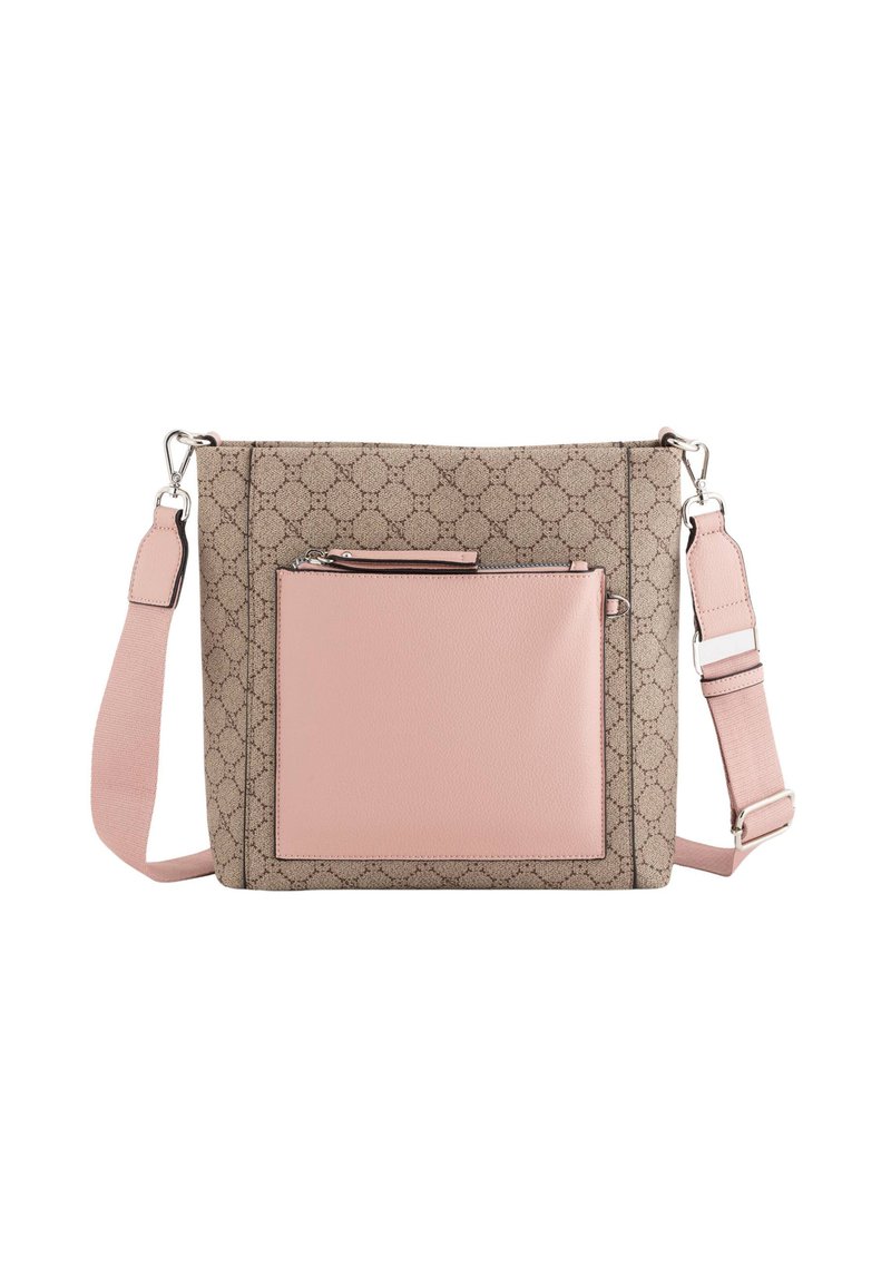 Béžová křížová taška z plátna s vzorem, růžovými koženými doplňky, nastavitelným popruhem a přední kapsou na zip. Disponuje stříbrným kováním.