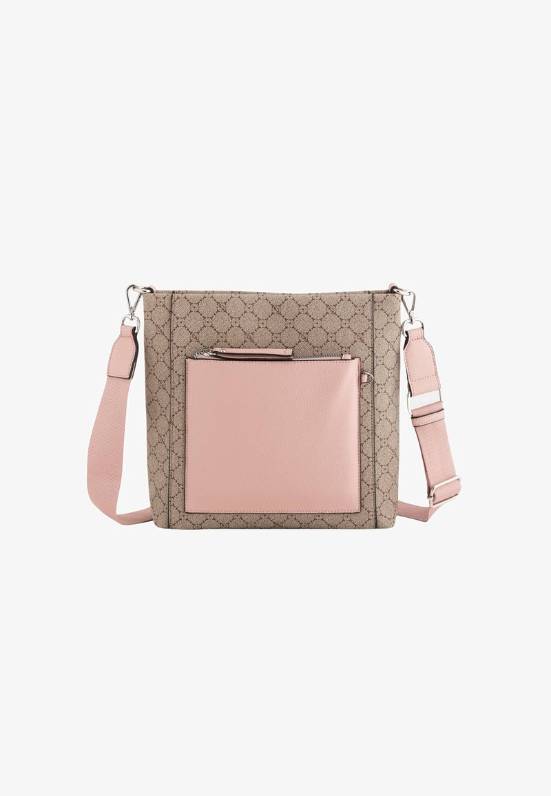 Beige patterned canvas crossbody bag with pink leather accents, adjustable strap, and a front zip pocket. Features silver hardware.
