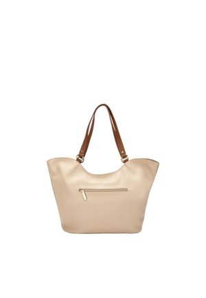Borsa tote beige con spallacci marroni e tasca anteriore con cerniera, su sfondo bianco.