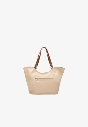 Borsa tote beige con spallacci marroni e tasca anteriore con cerniera, su sfondo bianco.