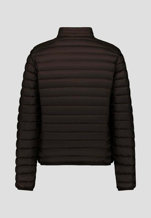 Veste matelassée noire avec un design matelassé, dotée d'un col montant et de manches longues. Matière légère avec une texture lisse.