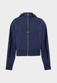 Μπλε σκούρο cropped φούτερ από μαλακό βαμβάκι, με μπροστινό φερμουάρ, μεγάλη τσέπη και κουκούλα με κορδόνι και ασημένιες λεπτομέρειες εξαρτημάτων.