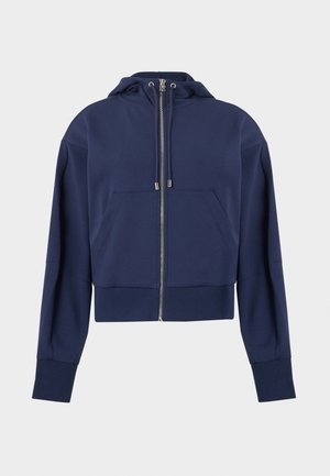 Μπλε σκούρο cropped φούτερ από μαλακό βαμβάκι, με μπροστινό φερμουάρ, μεγάλη τσέπη και κουκούλα με κορδόνι και ασημένιες λεπτομέρειες εξαρτημάτων.
