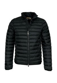 Chaqueta de plumón negra con cierre de cremallera, cuello alzado y diseño acolchado horizontal. Cuenta con bolsillos laterales y una textura suave y brillante.