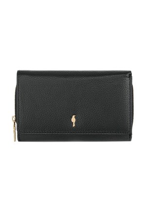 Czarny portfel z fakturowanej skóry, z złotym zamkiem błyskawicznym po boku i małym złotym emblematem na środku przedniej klapy.