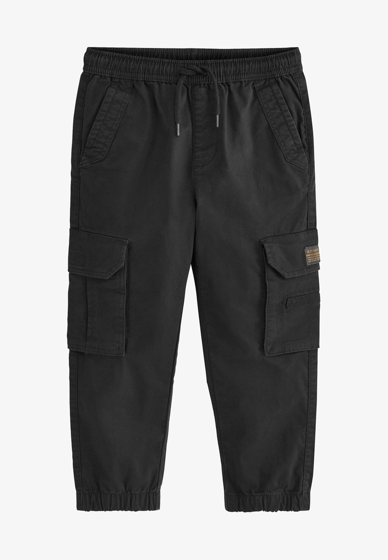 Schwarze Cargo-Hosen mit elastischem Bund, Kordelzug, zwei Seitentaschen und zwei Cargotaschen. Hergestellt aus strapazierfähigem Stoff mit glatter Textur.