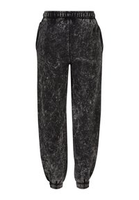 Sorte joggebukser med marmorert tekstur, med elastisk midje, sidelommer og innsnørte mansjetter ved anklene.