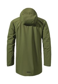 Wasserabweisende olivgrüne Jacke mit Kapuze, langen Ärmeln und geradem Schnitt. Verfügt über schwarze Akzente und Druckknöpfe an den Bündchen.