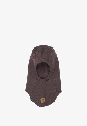 Brown knit balaclava with an opening for the face, ribbed edges, and a label patch. Textured fabric provides warmth and comfort.