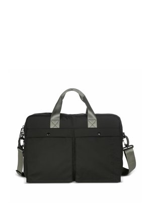 Schwarze rechteckige Laptoptasche mit zwei vorderen Taschen, grauen Griffen und einem verstellbaren Schultergurt vor weißem Hintergrund.