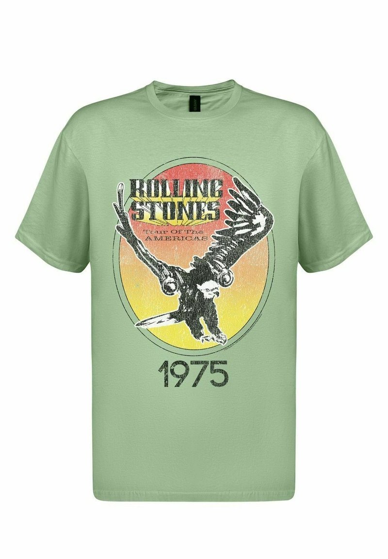 Svetle zelené bavlněné tričko s grafikou orla, retro-stylem textem "Rolling Stones" a rokem "1975" v černém detailech.