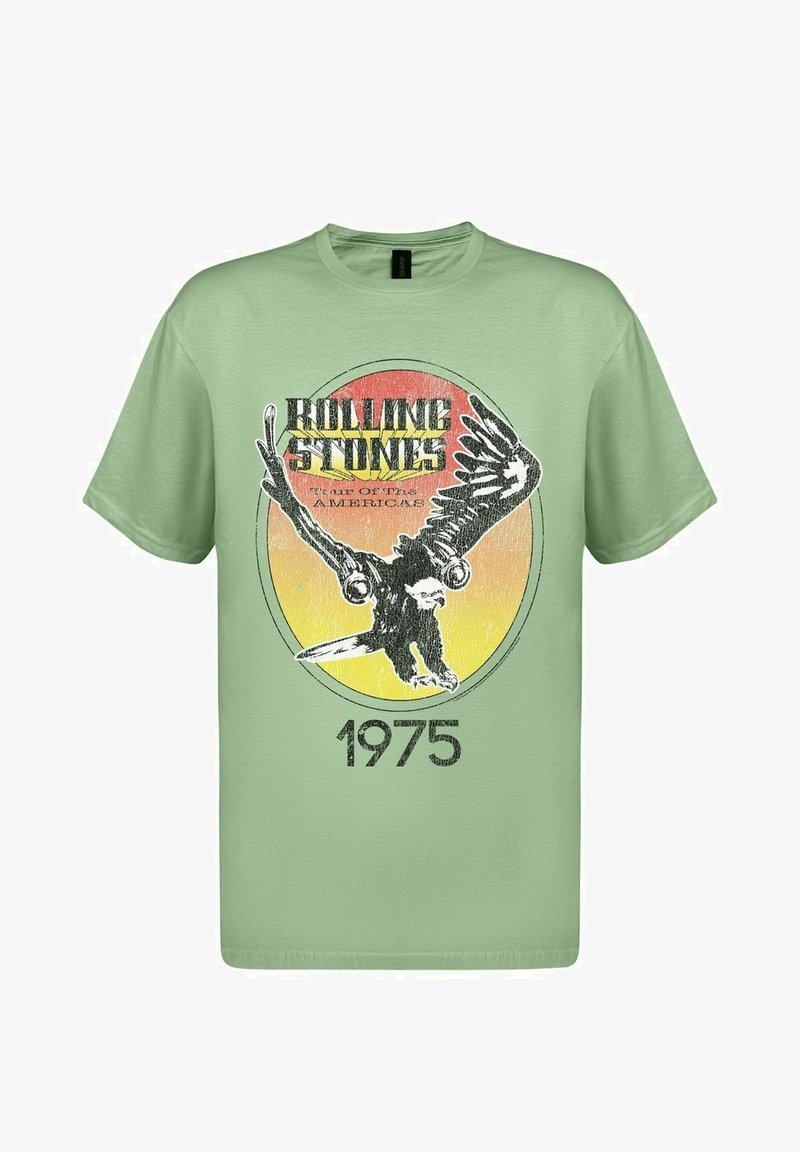 Svetle zelené bavlněné tričko s grafikou orla, retro-stylem textem "Rolling Stones" a rokem "1975" v černém detailech.